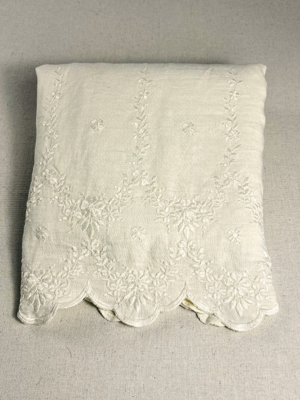 Bella Notte Discontinued Embroidered Linen Crib Skirt Scalloped Parchment